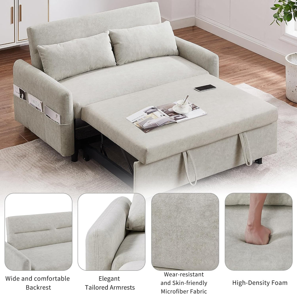 55" Sleeper Sofa with Pull Out Bed, USB Ports, Adjustable Backrest T85682