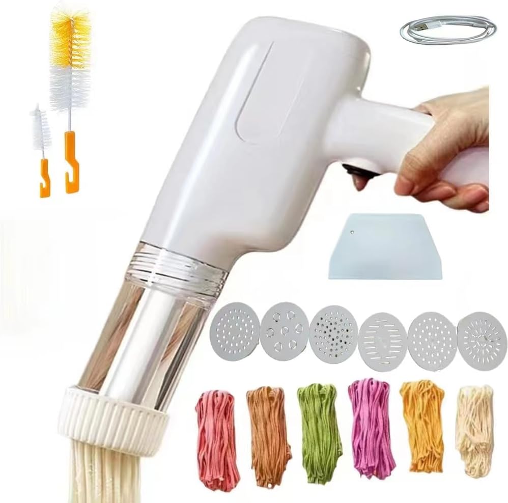 Handheld Electric Pasta Maker, 6-in-1 Cordless Pasta Machine, Portable Noodle Maker with Moulds and Cutter, Automatic Dough Press,Homemade Ramen Spaghetti Maker Machine-with Cleaning Brush