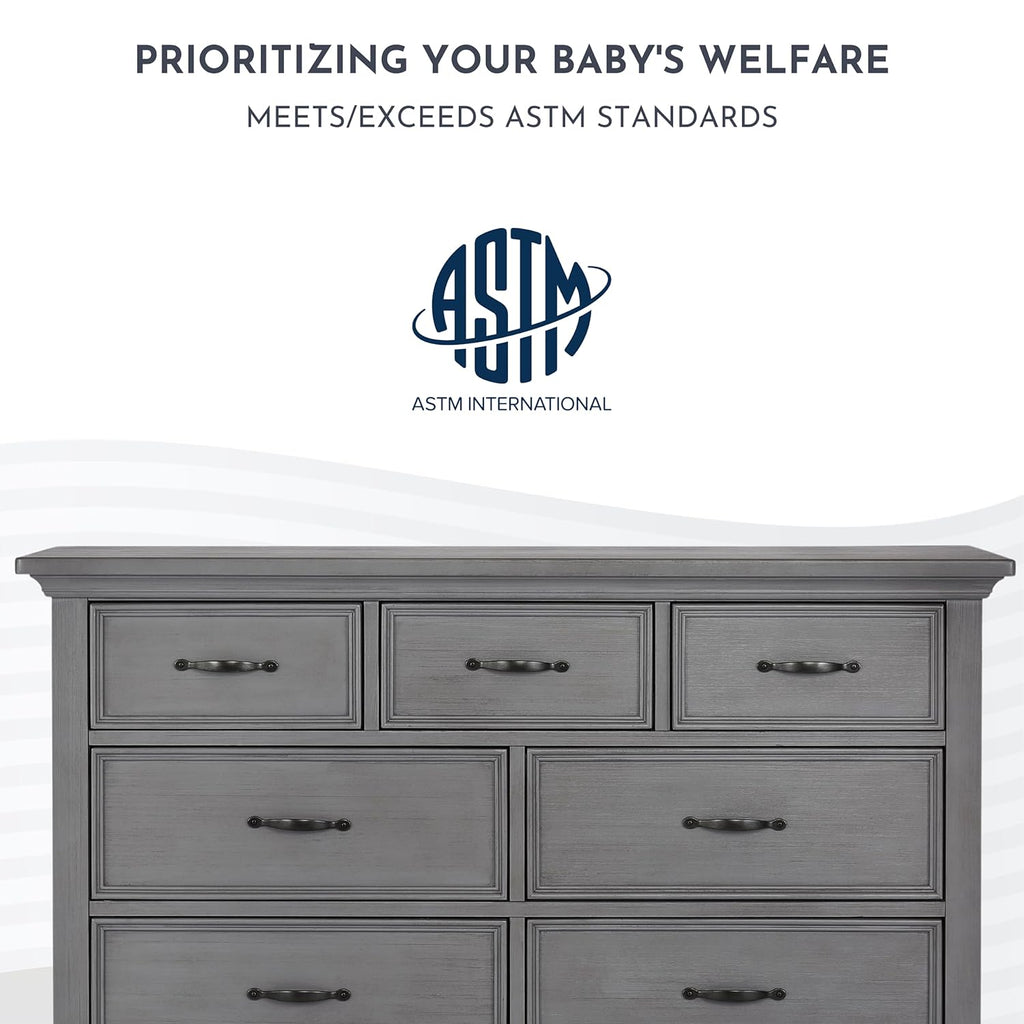 7-Drawer Double Dresser in Rustic Grey with Convertible Crib Bed Rail U98158