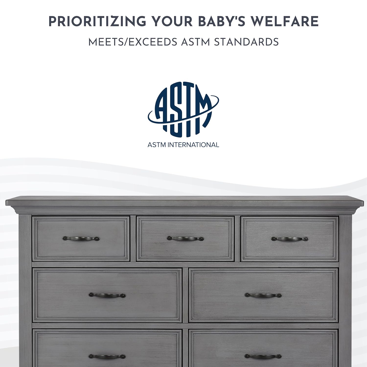 7-Drawer Double Dresser in Rustic Grey with Convertible Crib Bed Rail U98158