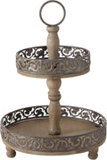 Round 2 Tier Stand, Cake Display Trays, Vintage Farmhouse Style, Wood and Metal, Rustic Nut Brown, 11.75 D x 17.75 H Inches (H 45 cm)