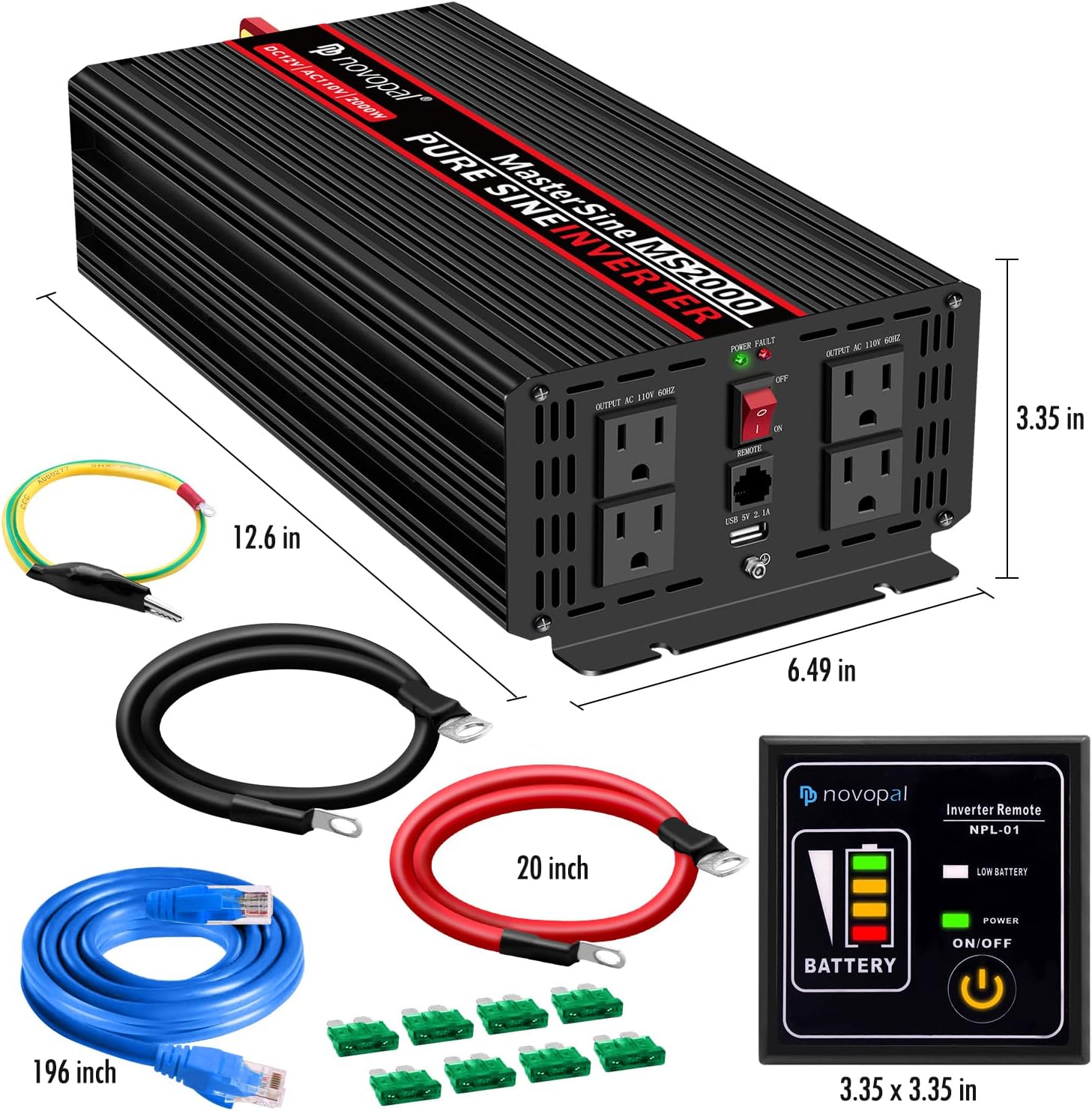Power Inverter Pure Sine Wave 1000W 24V to 110V AC Converter with 4 Outlets and Remote Control J12881