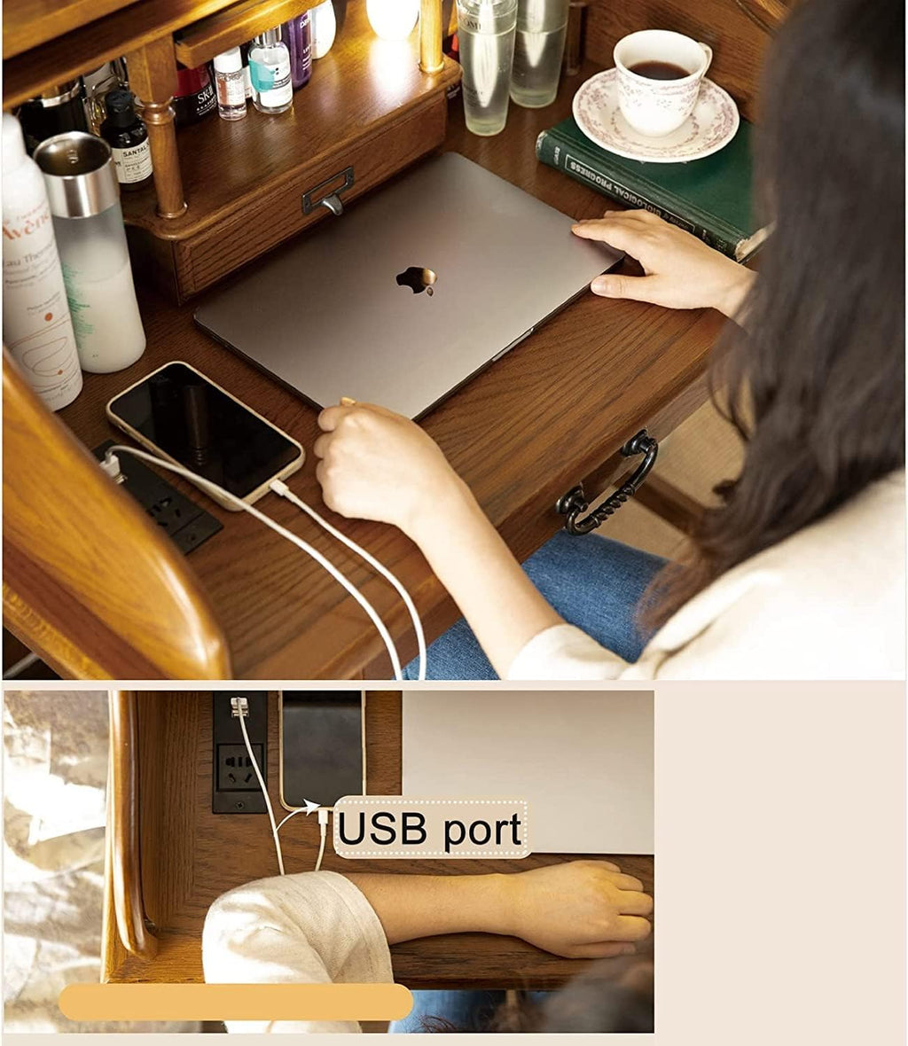 Oak Wood Vanity Desk with Pull-Out Mirror and Charging Port K34545