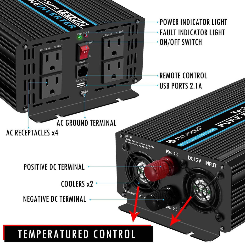 Power Inverter Pure Sine Wave 1000W 24V to 110V AC Converter with 4 Outlets and Remote Control J12881