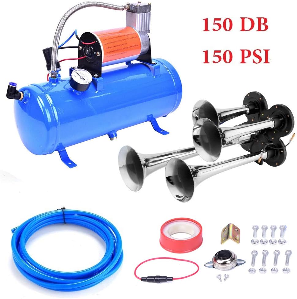 Train Air Horn Kit, 4 Trumpet Loud Horns for Trucks, Cars, Vans, Boats (Blue) D973749