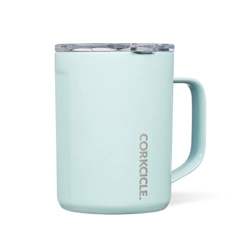 Corkcicle Triple Insulated Coffee Mug with Lid and Handle, Powder Blue, 16 oz – Stainless Steel Travel Mug Keeps Beverages Hot for 3+ Hours – Non-Slip, Easy-Grip, Spill-Resistant Tumbler