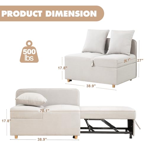 3-in-1 Sleeper Sofa Chair Bed with 2 Throw Pillows, Beige N826777