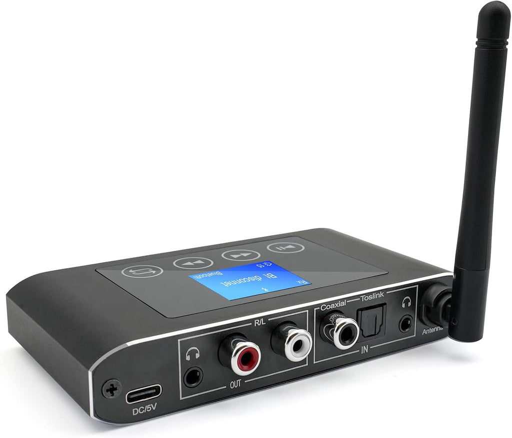 Bluetooth Transmitter Receiver for TV, Multi-Stream Bluetooth 5.1 Adapter for Stereo Receiver, Long Range Bluetooth Audio Transmitter Receiver with Screen, Optical RCA AUX 3.5mm Outputs/Inputs Pack of 2