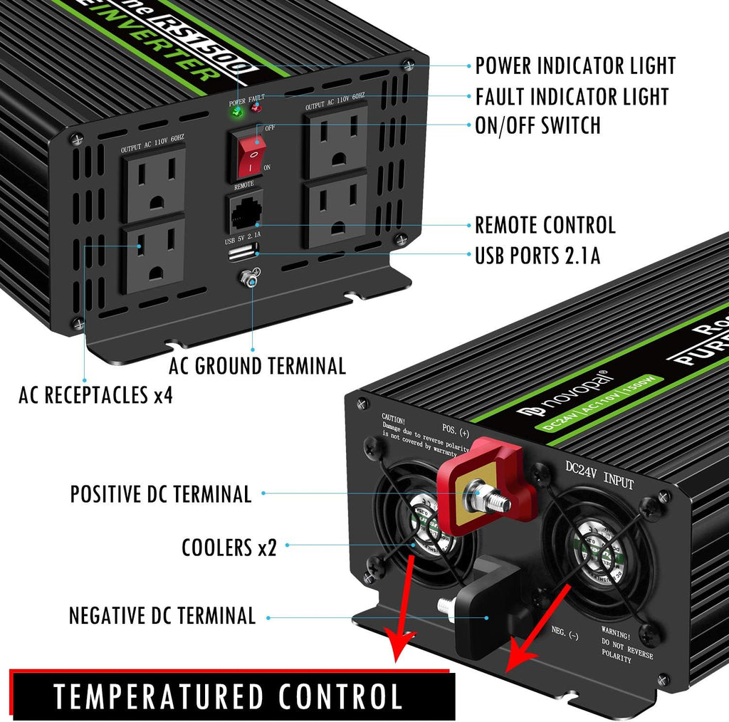 Power Inverter Pure Sine Wave 1000W 24V to 110V AC Converter with 4 Outlets and Remote Control J12881