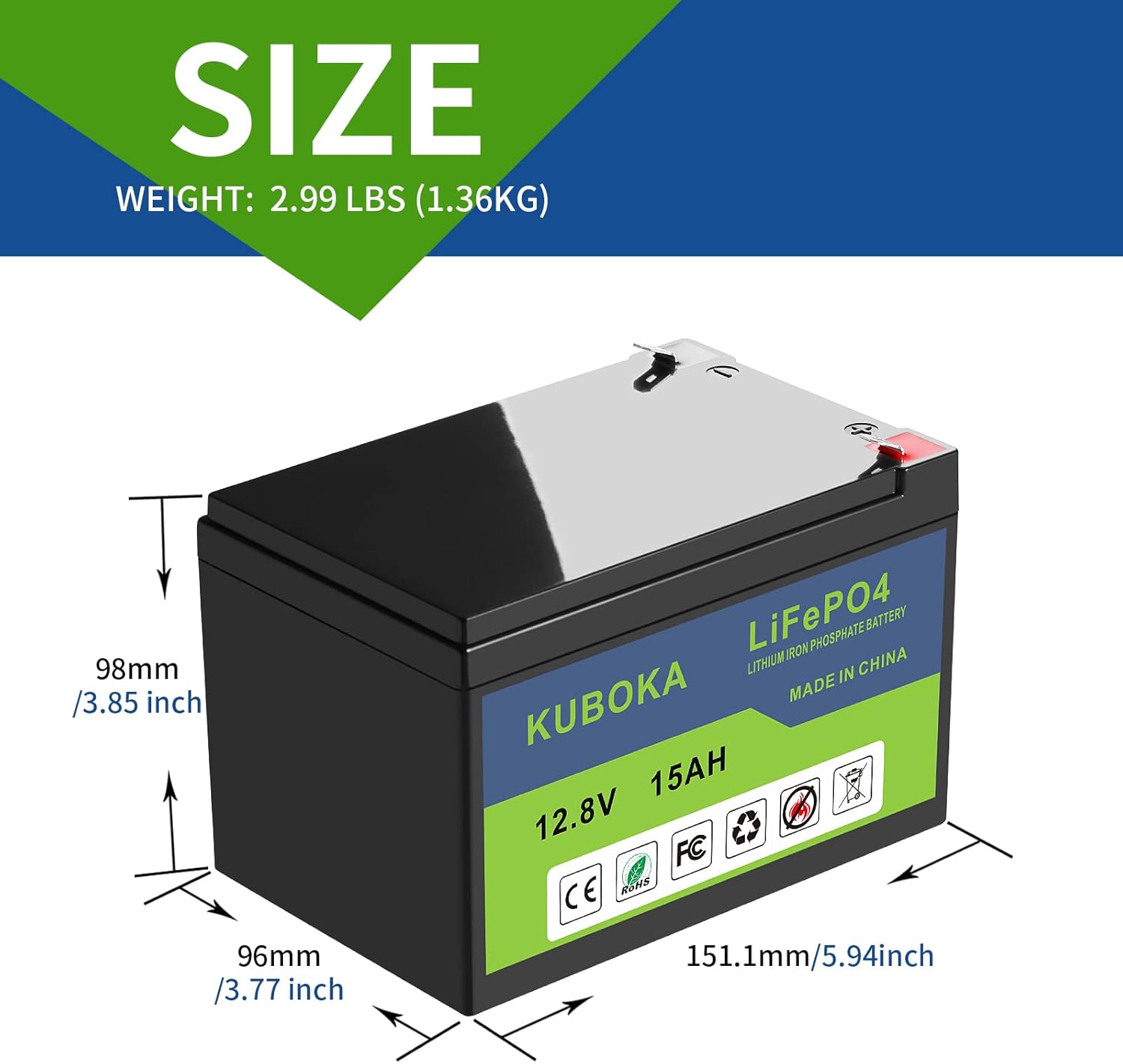 12V 15Ah LiFePO4 Lithium Battery with BMS, Deep Cycle, Pack of 2 M6331