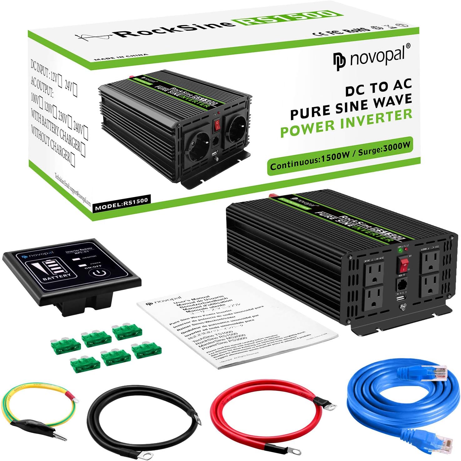 Power Inverter Pure Sine Wave 1000W 24V to 110V AC Converter with 4 Outlets and Remote Control J12881