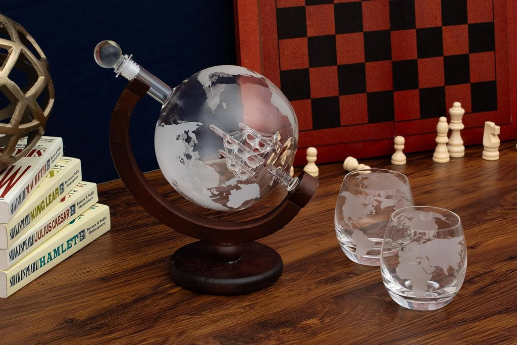 Handmade Whiskey Globe Decanter Set with Wooden Stand V368749