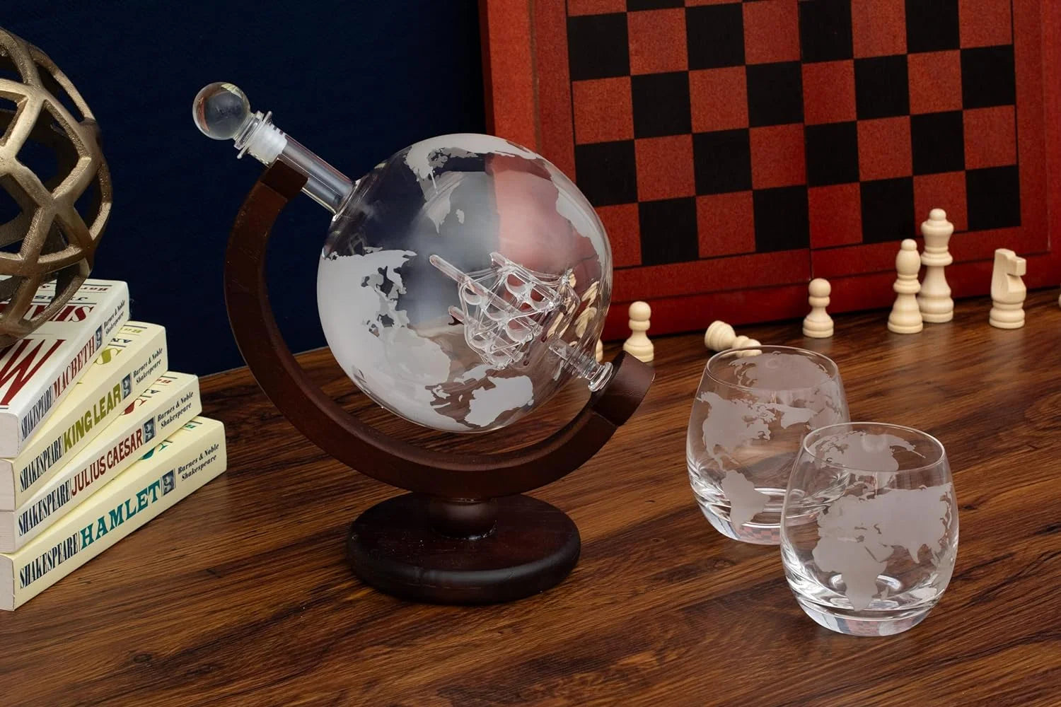 Handmade Whiskey Globe Decanter Set with Wooden Stand V368749