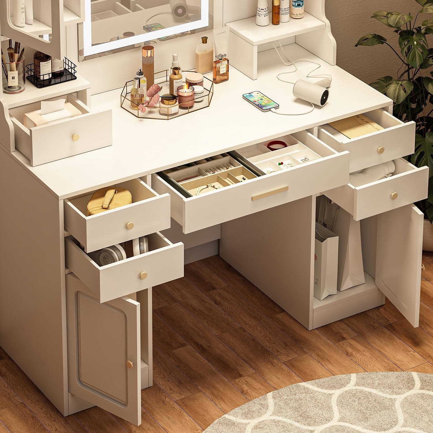 Vanity Desk with LED Mirror, 11 Drawers, 3 Color Lighting Modes S99131