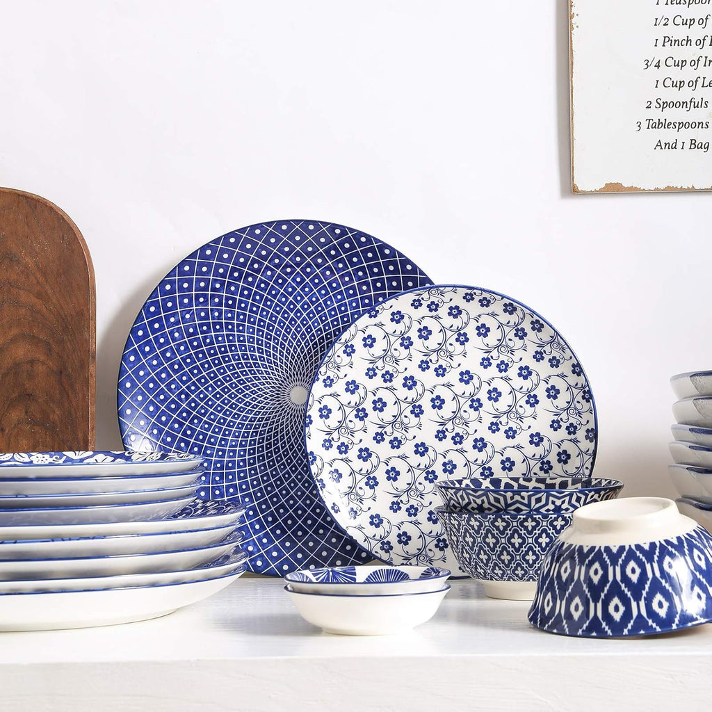 10 inch Porcelain Dinner Plates with 16-Piece Dinnerware Set, Vintage Blue W1400