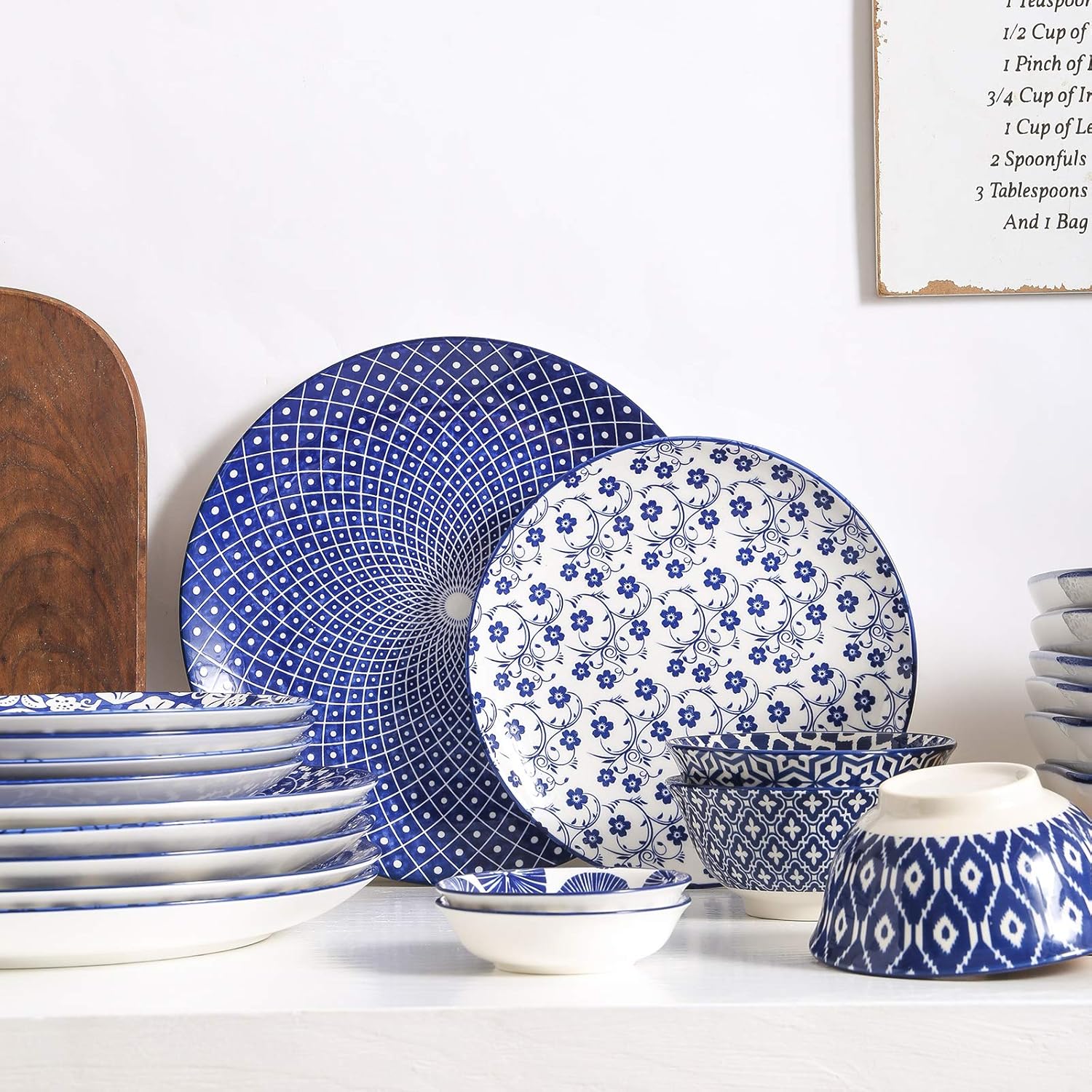10 inch Porcelain Dinner Plates with 16-Piece Dinnerware Set, Vintage Blue W1400