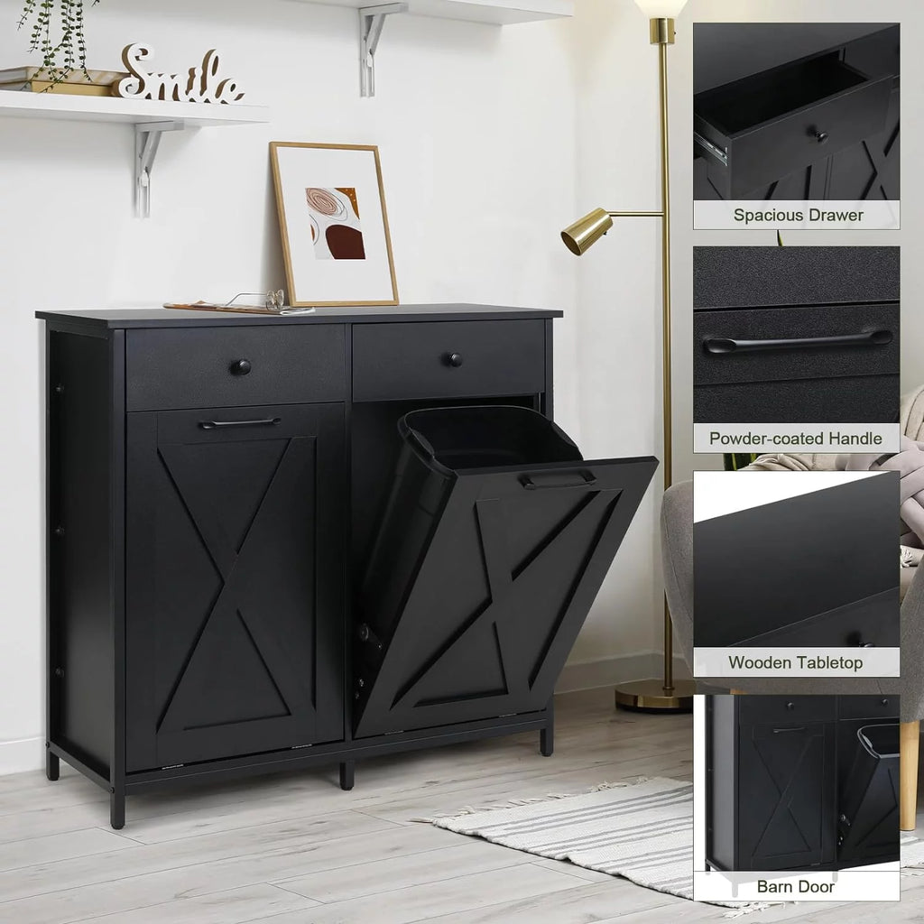 Double Tilt Out Trash Cabinet Freestanding Kitchen Recycling Garbage Can Holder with Drawers A885
