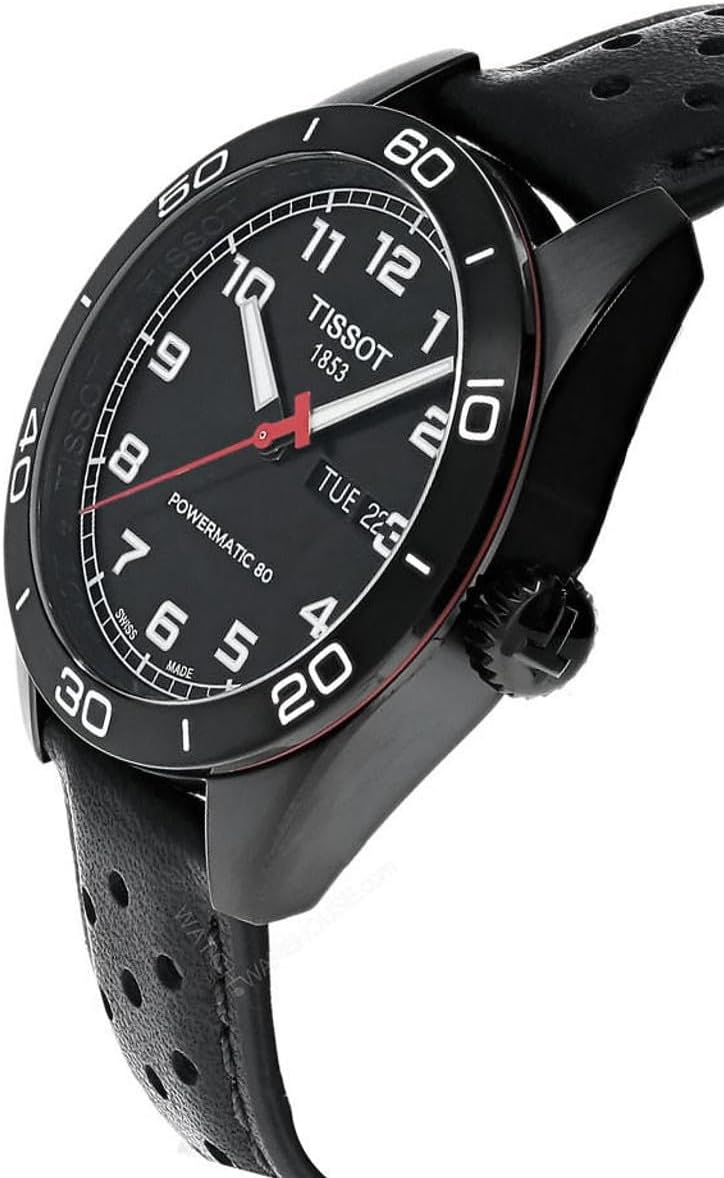 Men's Automatic Watch with Black PVD Steel Case and Leather Strap H499