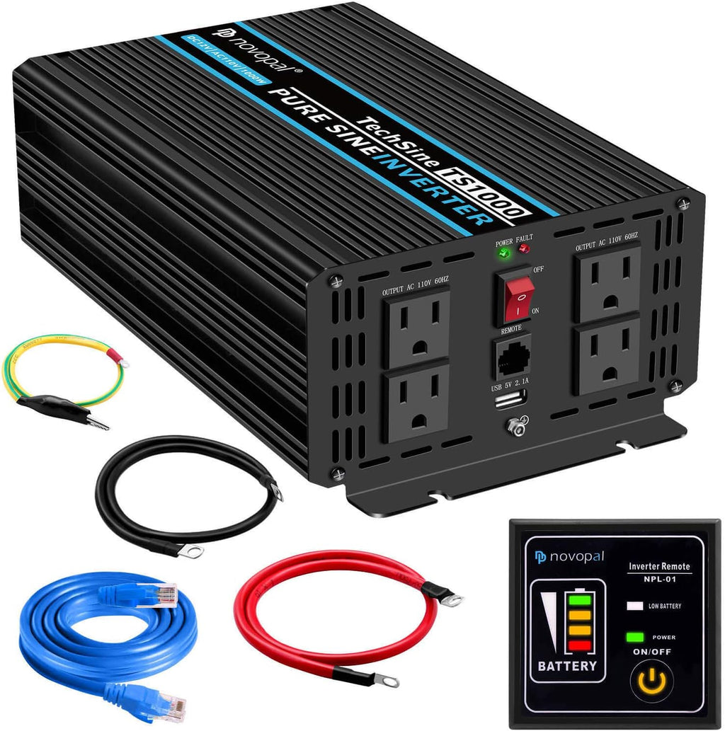 Power Inverter Pure Sine Wave 1000W 24V to 110V AC Converter with 4 Outlets and Remote Control J12881