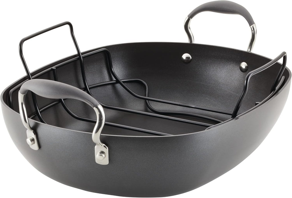 Anolon Advanced Hard Anodized Nonstick Roaster/Roasting Pan with Rack, 16 Inch x 13 Inch, Pewter