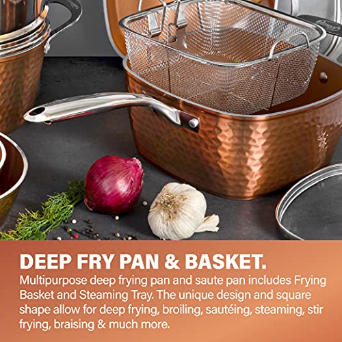 Hammered 15 Pc Copper Pots and Pans Set Non Stick Ceramic Cookware P583