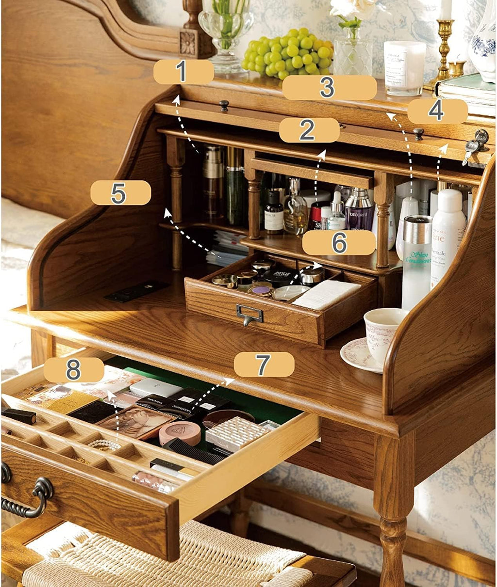 Oak Wood Vanity Desk with Pull-Out Mirror and Charging Port K34545