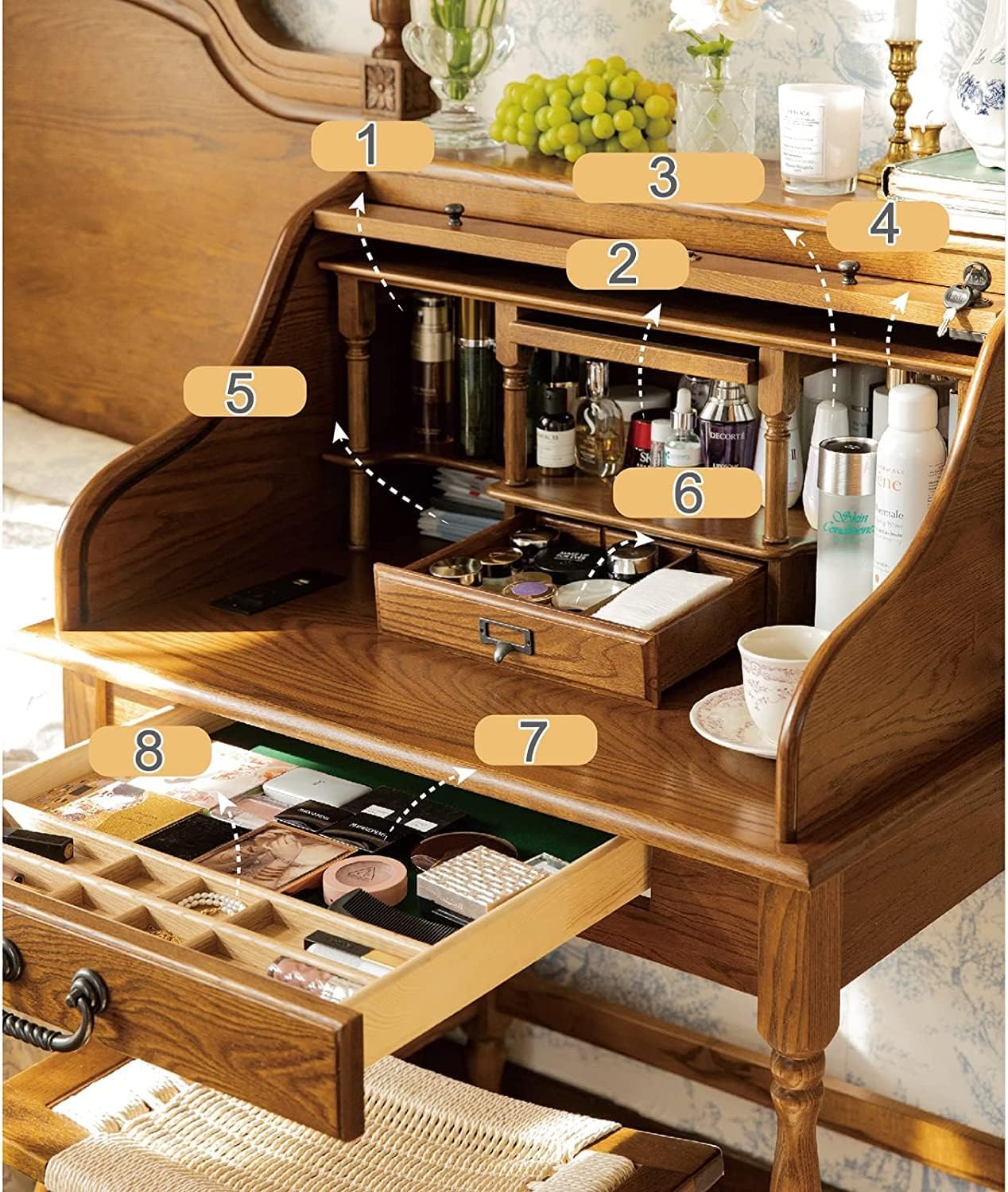 Oak Wood Vanity Desk with Pull-Out Mirror and Charging Port K34545