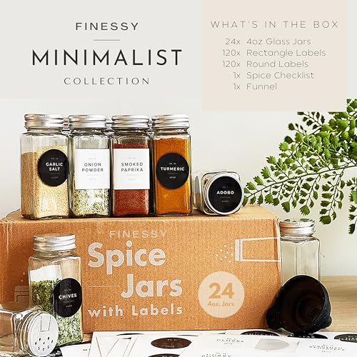 Glass Spice Jars with Labels and Organizer, 4 oz Empty Containers with Shaker Lids P7440