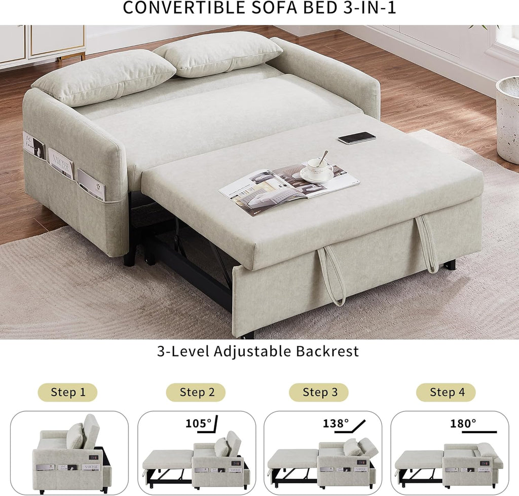 55" Sleeper Sofa with Pull Out Bed, USB Ports, Adjustable Backrest T85682
