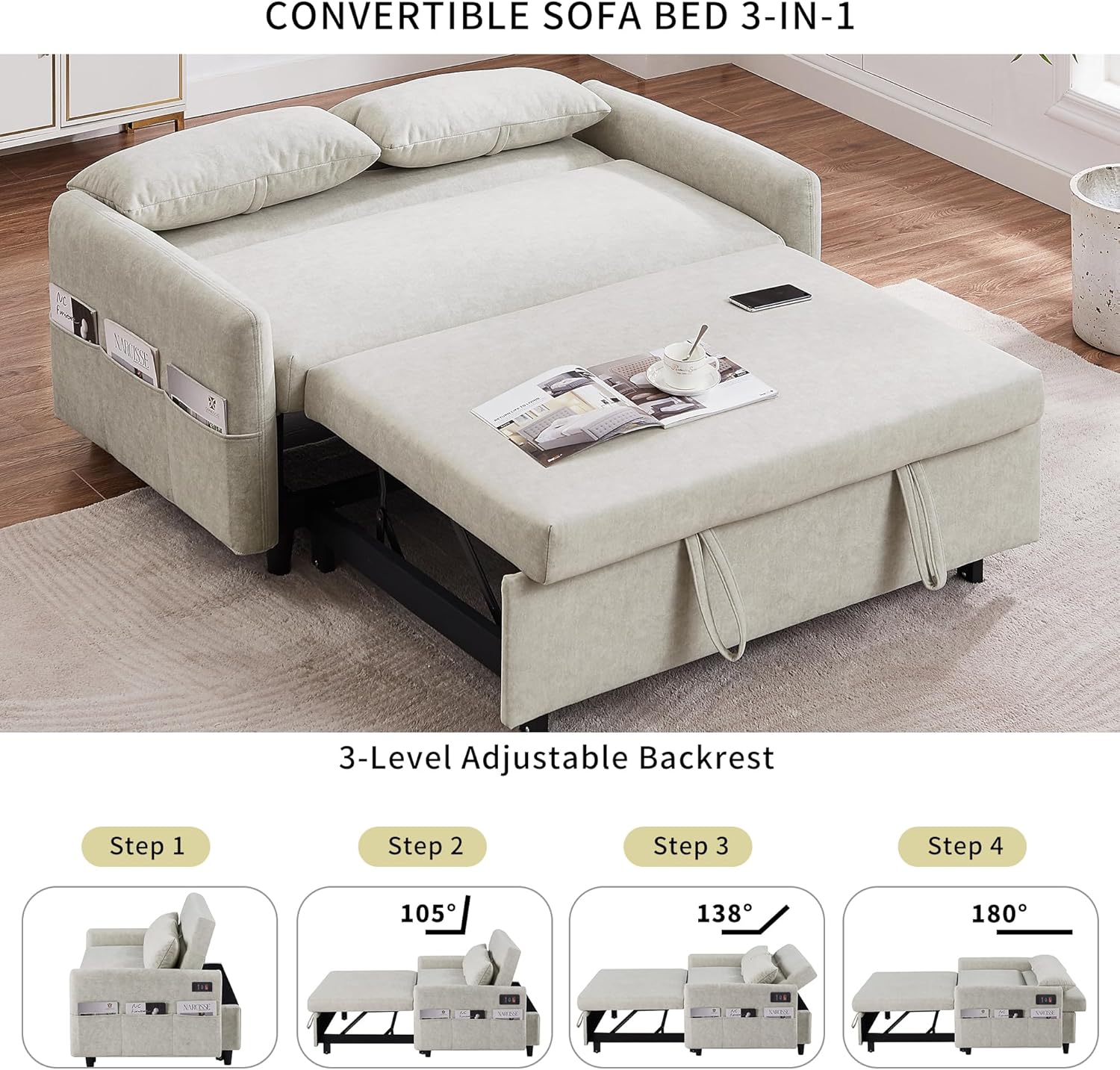 55" Sleeper Sofa with Pull Out Bed, USB Ports, Adjustable Backrest T85682