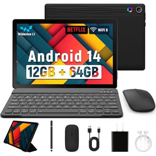 Android Tablet 10.1 Inch IPS HD Touch Screen, Dual Camera, 64GB Storage, 8-in-1 Kit with Keyboard and Case Q7426