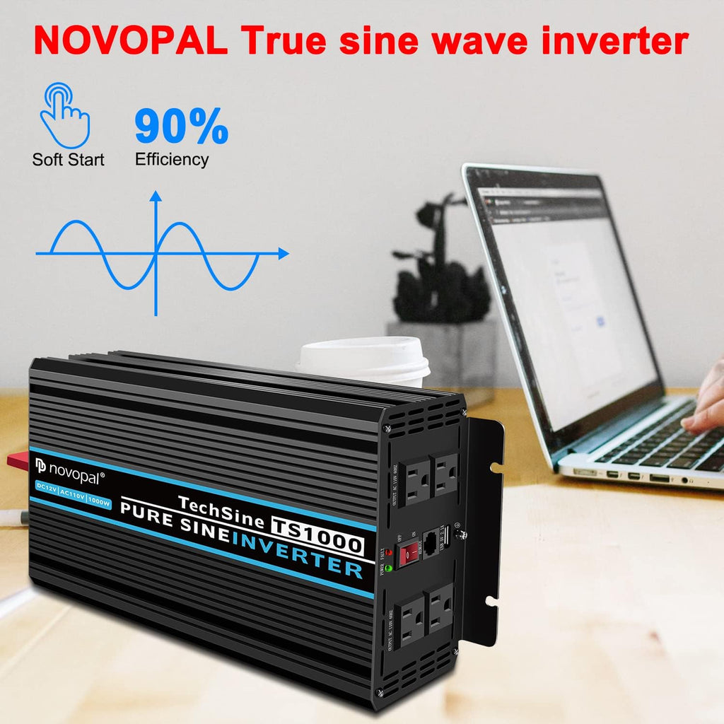 Power Inverter Pure Sine Wave 1000W 24V to 110V AC Converter with 4 Outlets and Remote Control J12881