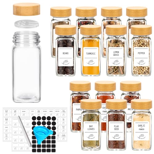 4 oz Glass Spice Jars with Bamboo Lids,24 Pack Empty Square Seasoning Bottles with 160 Spice Labels and Funnel,120ml Glass Spice Containers for Kitchen Storage