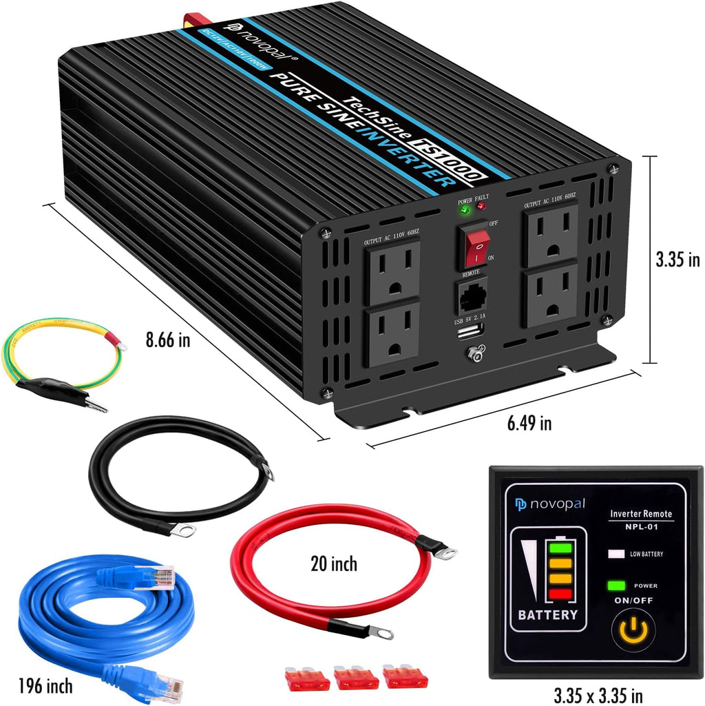 Power Inverter Pure Sine Wave 1000W 24V to 110V AC Converter with 4 Outlets and Remote Control J12881