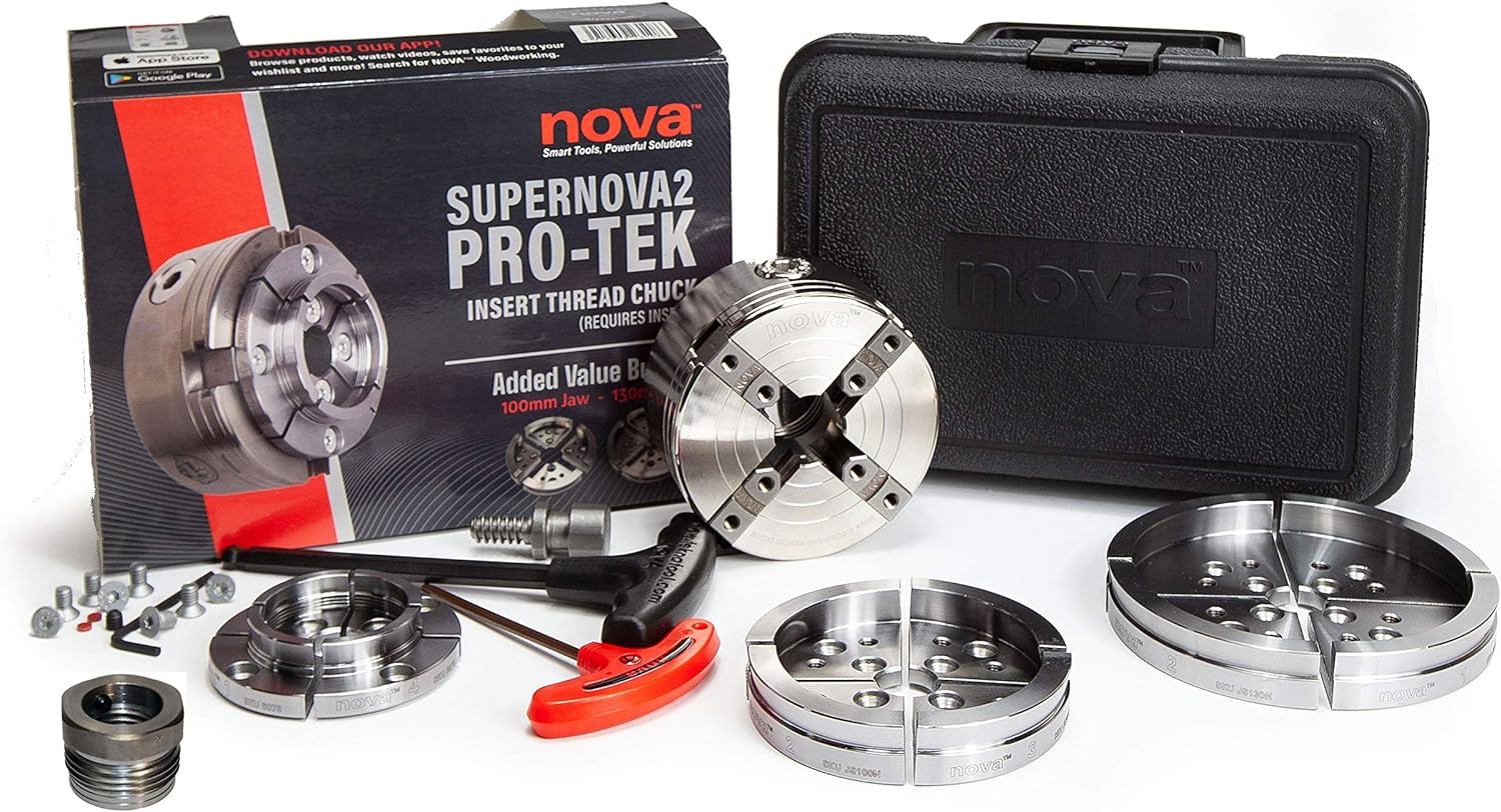Nova 23108 Premier Pro-Tek Supernova 2 Chuck Bundle with Pro-Tek 2" Jaw Set, 4" Bowl Jaw Set, 5" Bowl Jaw Set, Woodworm Screw, Plastic Case & accessories, bundled with Nova IXNS 1" x 8tpi Insert