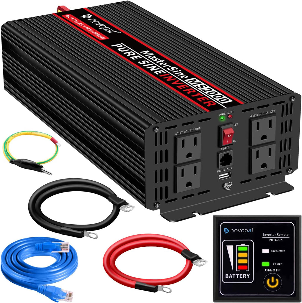 Power Inverter Pure Sine Wave 1000W 24V to 110V AC Converter with 4 Outlets and Remote Control J12881