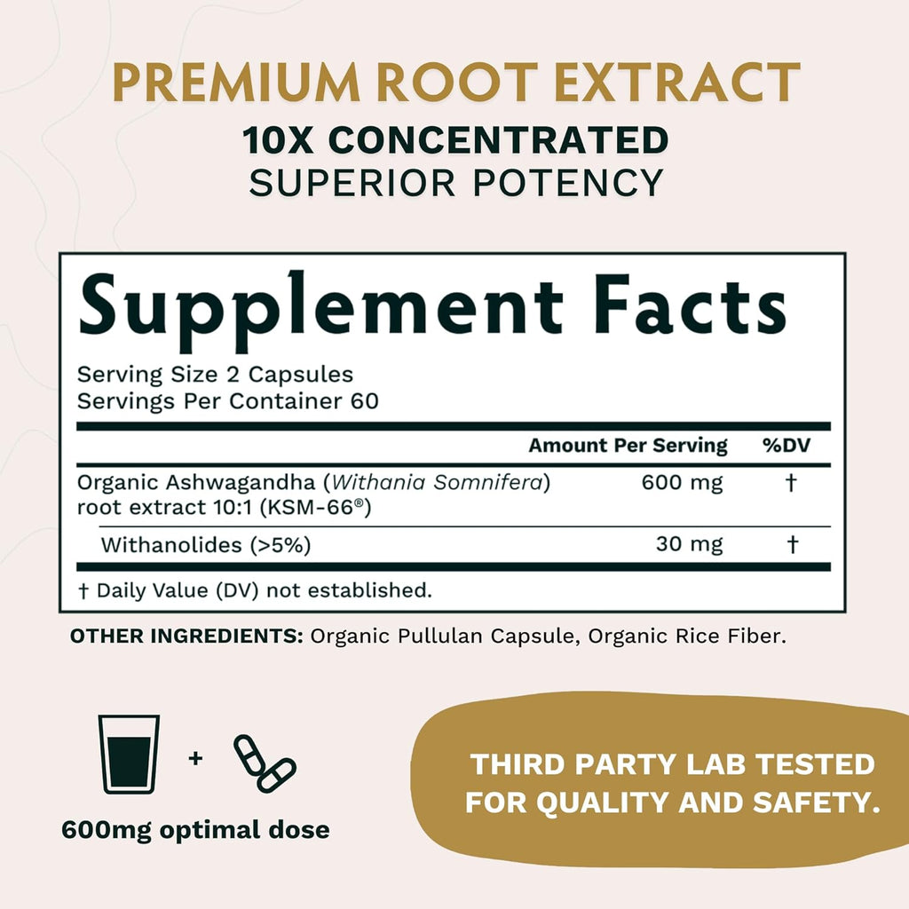 Ashwagandha Root Powder Supplement for Focus, Mood Support, Energy, 120 Capsules A9476