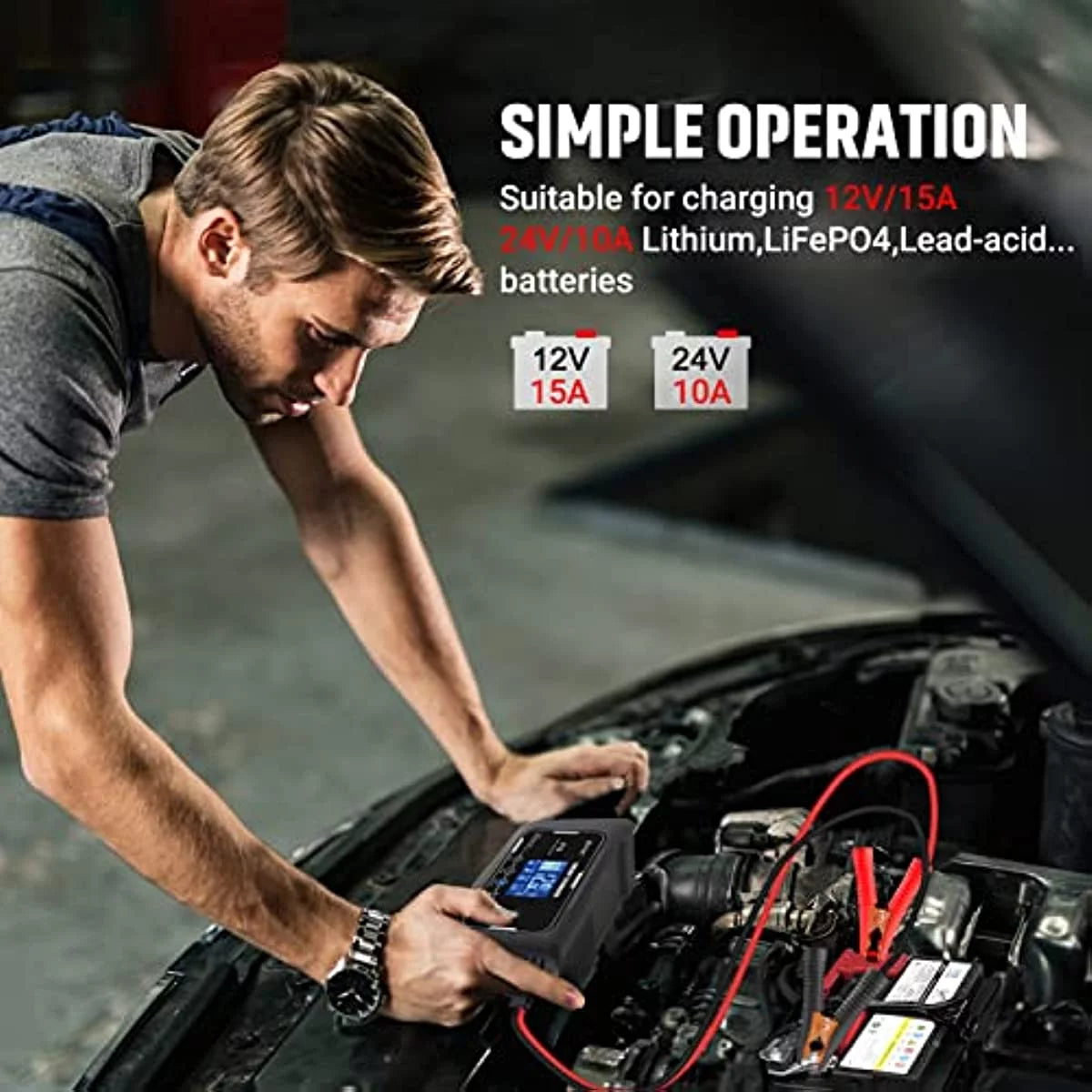 15-Amp Fully-Automatic Smart Charger, 12V and 24V Battery Charger, Lead-Acid and LiFePO4 O484171