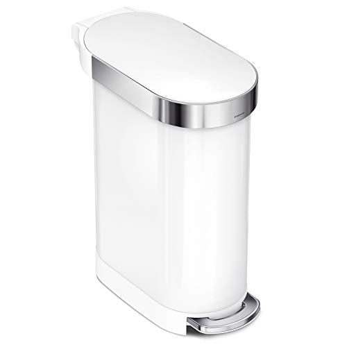 simplehuman 45 Liter / 12 Gallon Slim Hands-Free Kitchen Step Trash Can, White Stainless Steel