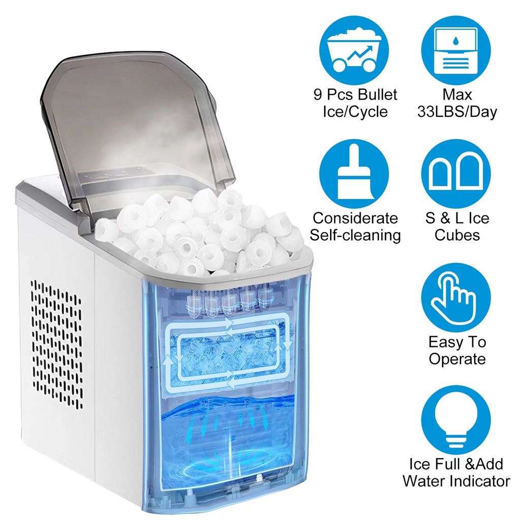 Countertop Ice Maker, 33Lbs/24H, 9 Ice Cubes in 6 Mins, Self-Cleaning Portable with Ice Scoop and Basket P57485