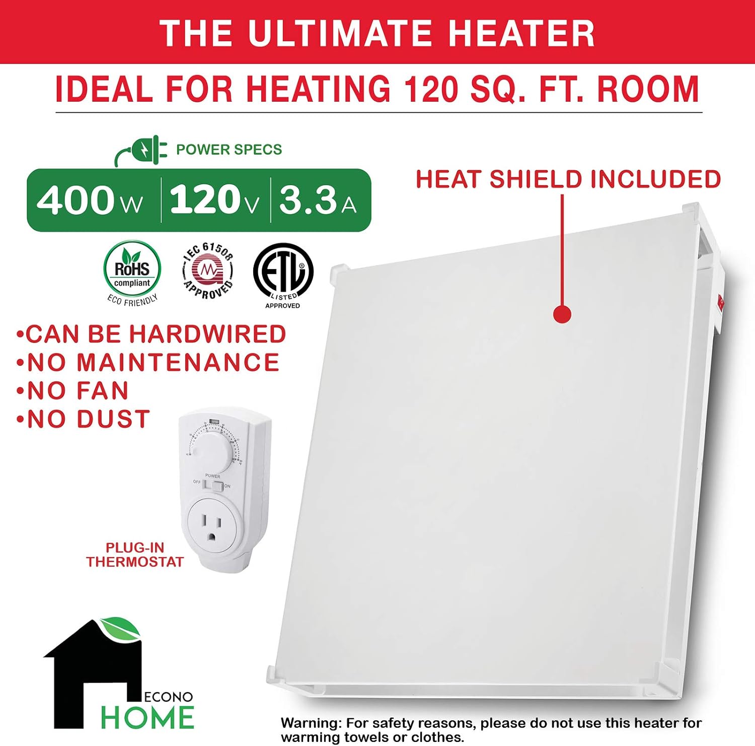 Wall Mount Space Heater Panel with Thermostat, 400W Convection Heater K37147