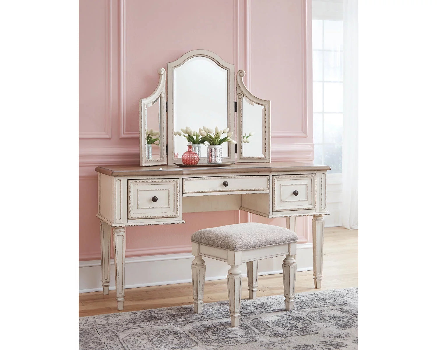 3 Drawer Vanity with Mirror and Stool, Two-tone V302614