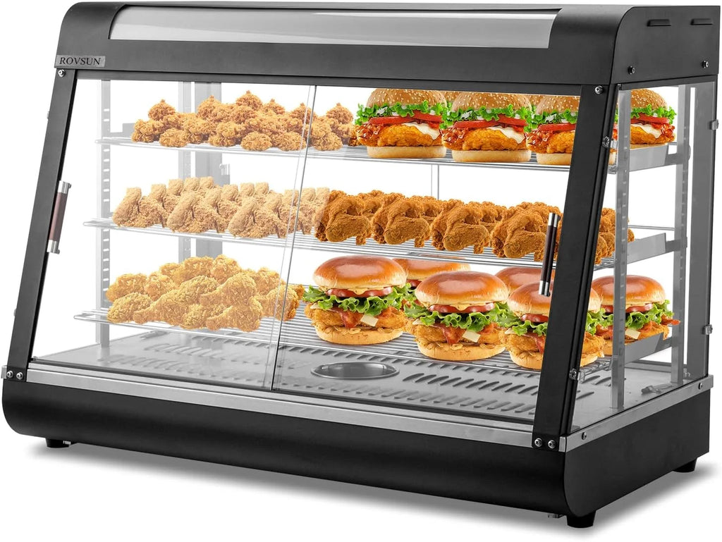 ROVSUN 35" Pizza Warmer Food Warmer Display, 3-Tier Electric Food Warmer Commercial Countertop w/LED Lighting Adjustable Removable Shelves Glass Door, Pastry Display Case for Buffet Restaurant 1500W