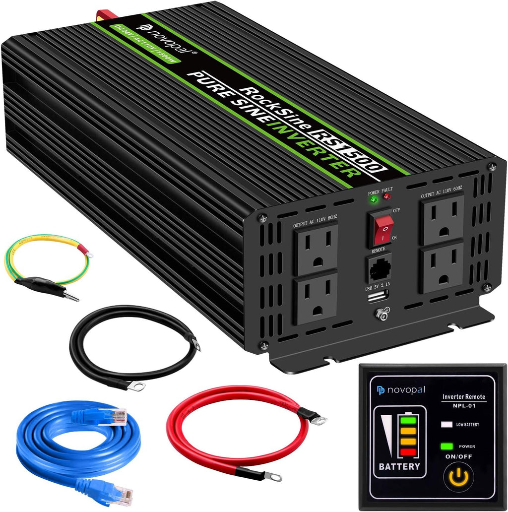 Power Inverter Pure Sine Wave 1000W 24V to 110V AC Converter with 4 Outlets and Remote Control J12881