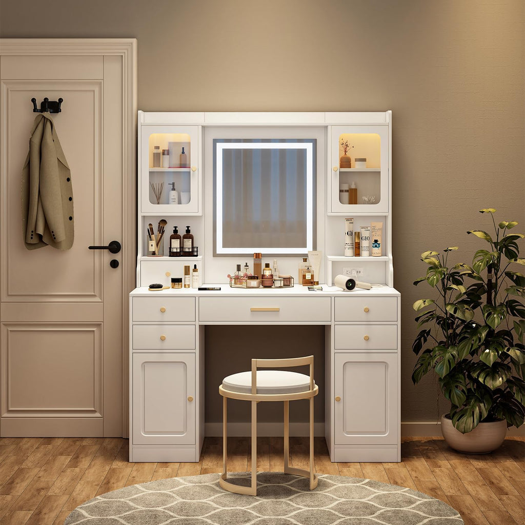 Vanity Desk with LED Lighted Mirror, Makeup Vanity with 11Drawers, 3 Color Lighting Modes Brightness Adjustable, Hidden Wiring, Dressing Table for Bedroom, White (White+MDF+American Design)