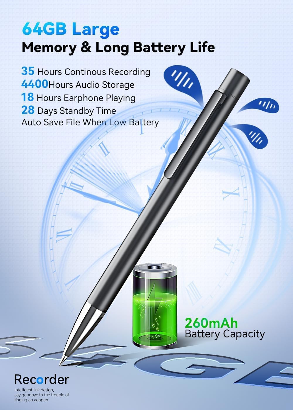 Voice Recorder 64GB with Noise Cancelling, USB-C for Lectures Meetings N786
