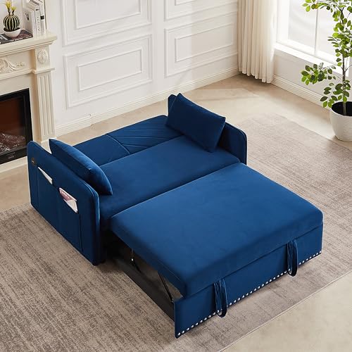3-in-1 Convertible Velvet Sofa Bed with Pullout Bed, Loveseat with 2 Lumbar Pillows and Side Pocket G48240