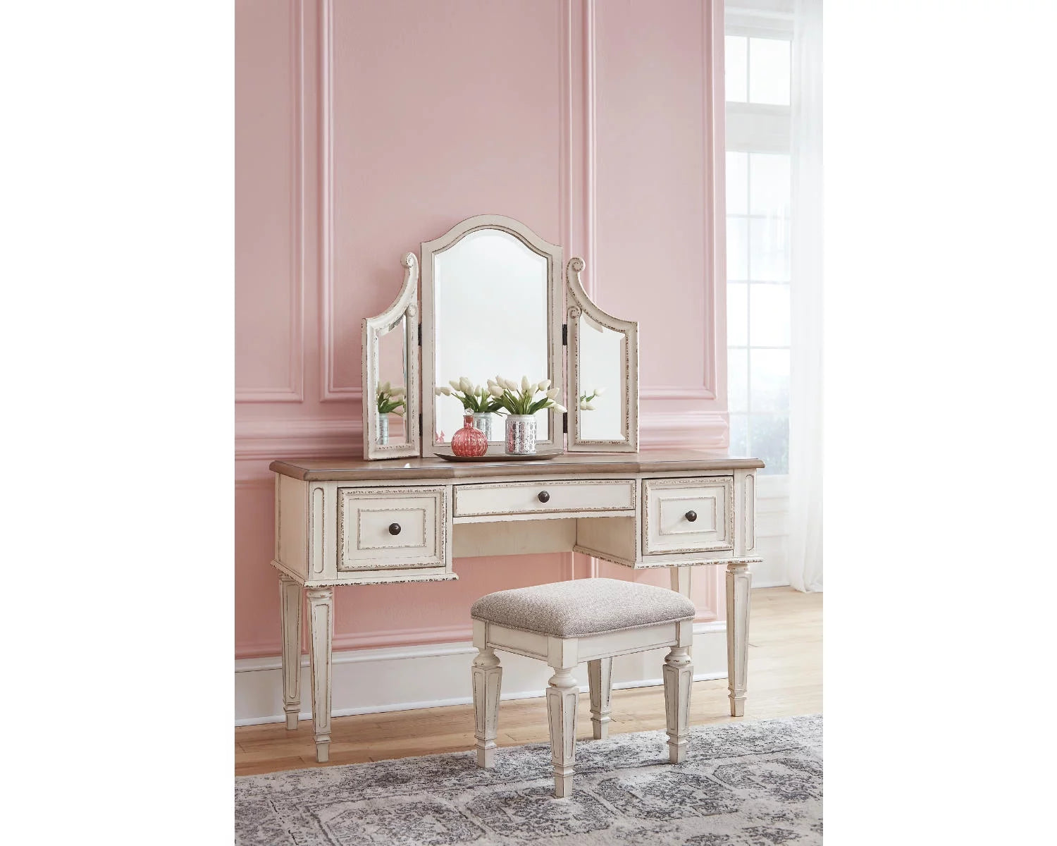 3 Drawer Vanity with Mirror and Stool, Two-tone V302614