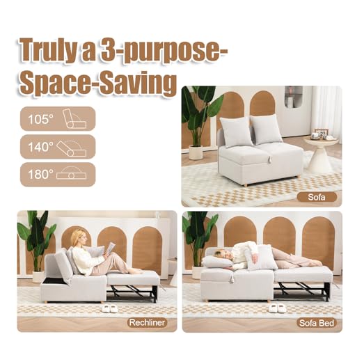 3-in-1 Sleeper Sofa Chair Bed with 2 Throw Pillows, Beige N826777