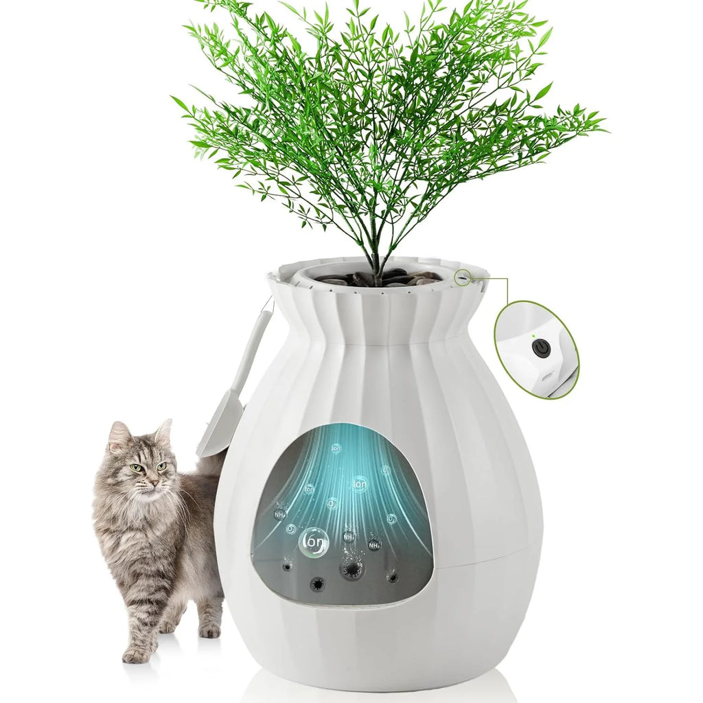 Petterm Hidden Litter Box Enclosed Plant Litter Box with Odor Removal & Sterilization System, Large Cat Litter Box Furniture with Reusable Leak Proof Liner and Scoop, White